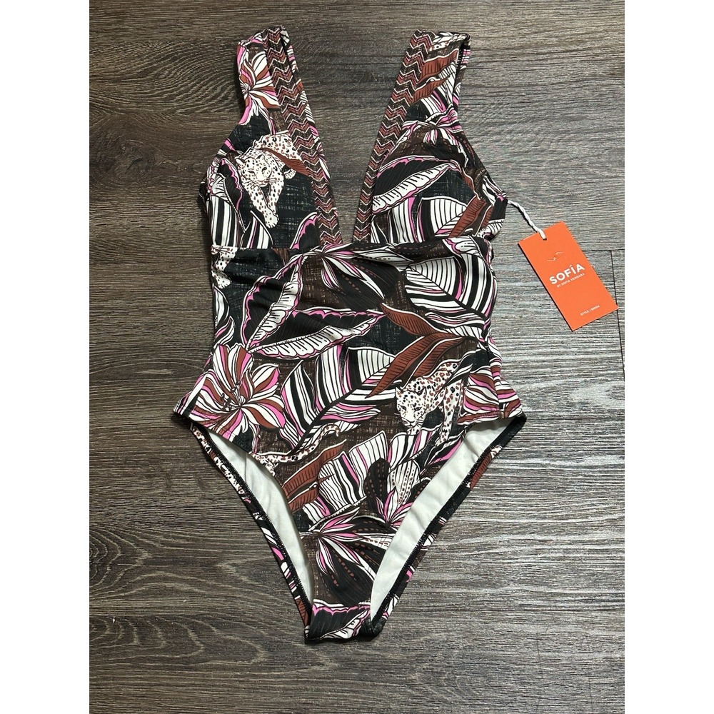 Sofia Vergara Tropical Leaf & Leopard Print One Piece Swimsuit Size Small